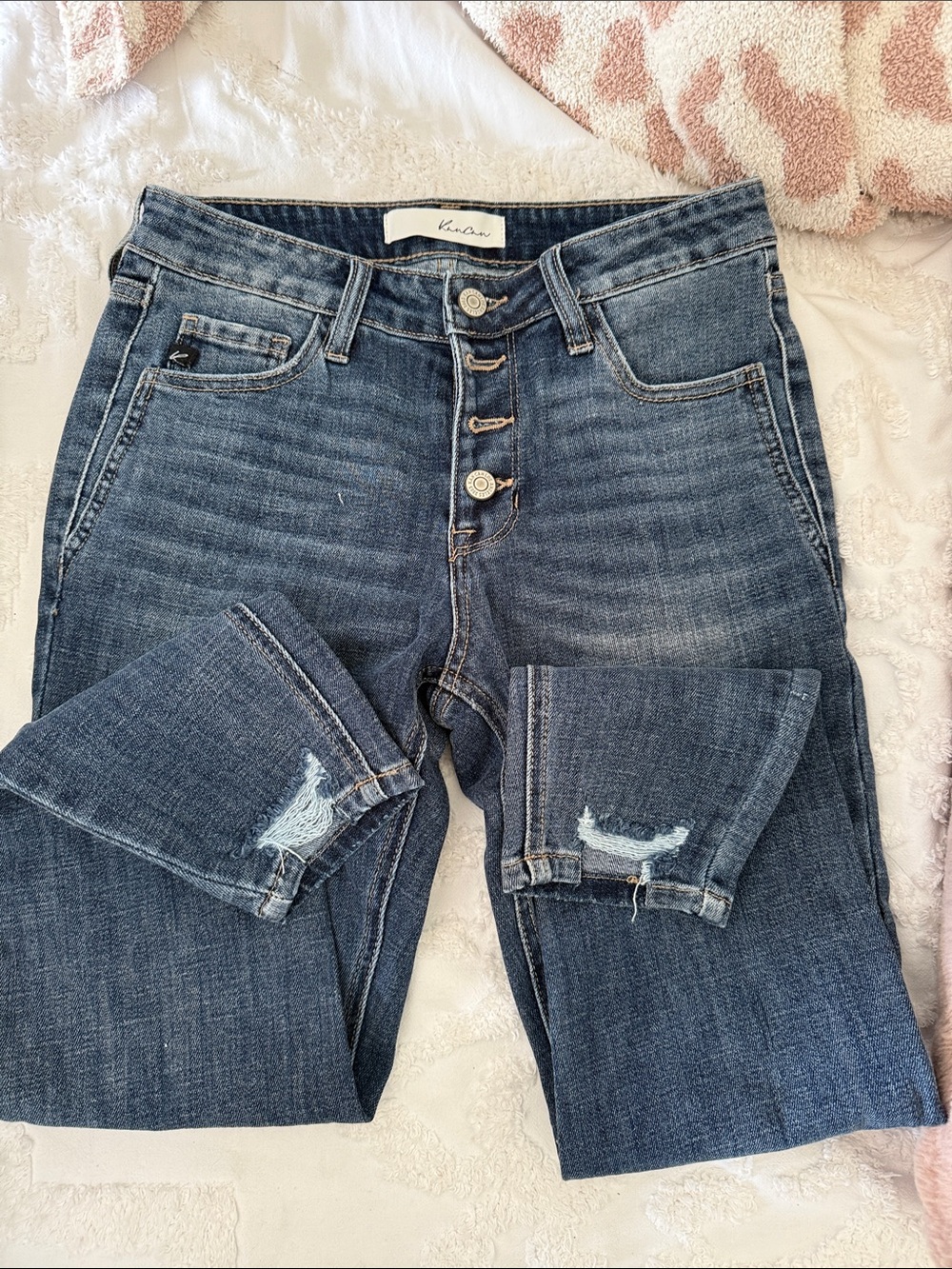 KanCan Dark Blue Button-Fly Distressed Boyfriend Jeans
